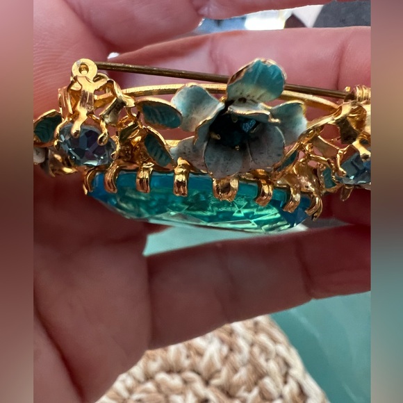 Vintage Large Signed Made In Austria Crystal Blue Enamel Flowers Brooch Pin - Picture 6 of 6